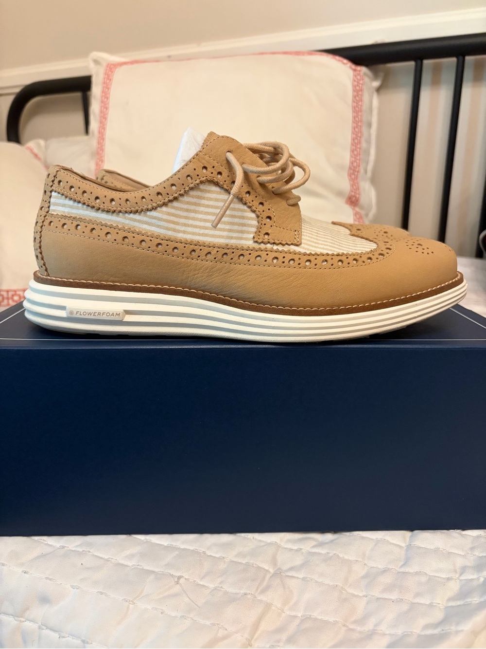 Cole Haan Tan and White Wingtip Derby with Striped Fabric Panels